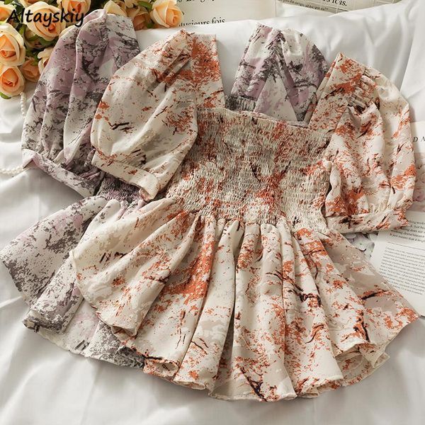 

women's blouses & shirts women temperament students trendy travel square collar friends folds teens floral summer all-match outdoor ten, White