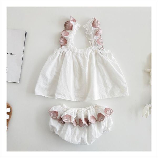 

girls summer 2pcs set toddler clothing embroidery shell pattern cotton, White