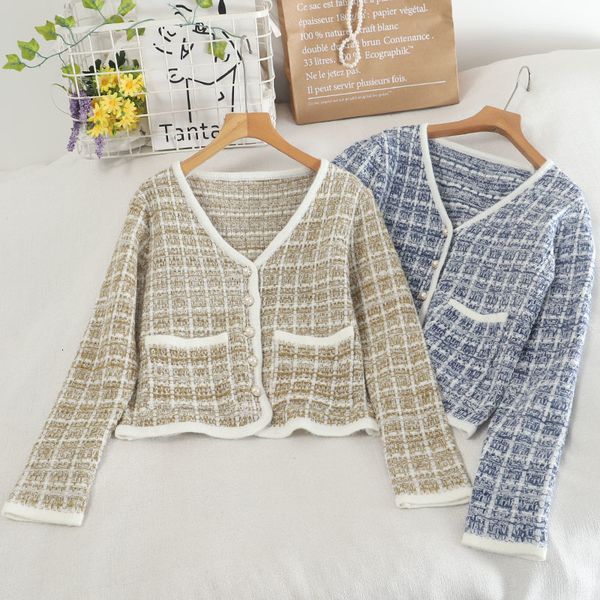 

2021 autumn winter casual knit plaid cardigan women elegant v-neck long sleeve single breasted jacket female fashion outerwear tn9a, Black;brown