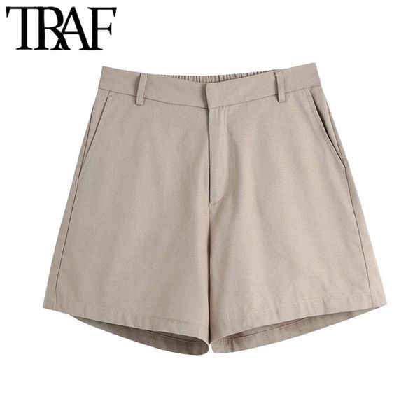 

traf women chic fashion side pockets bermuda shorts vintage high elastic waist zipper fly female short pants mujer 210621, White;black