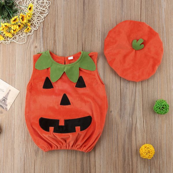 

0-3y newly cosplay halloween toddler baby kid pumpkin print sleeveless romper jumpsuits +hats baby clothes 2pcs costumes, Blue