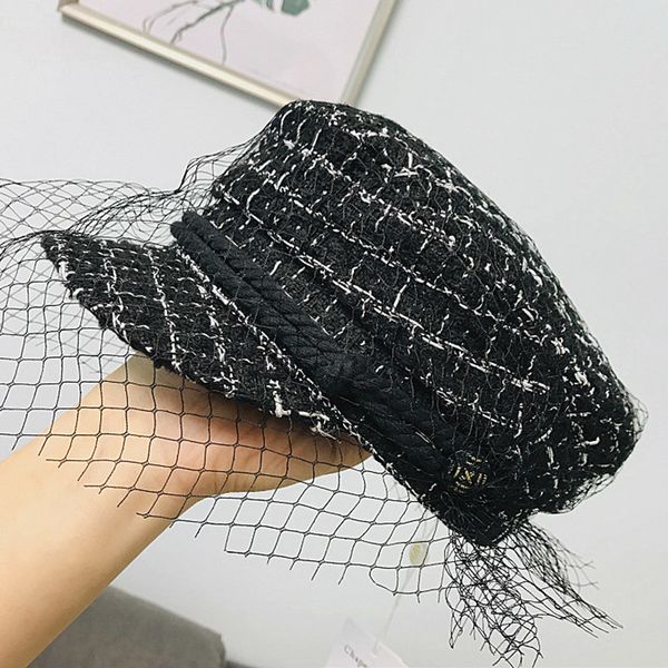 

2021 new women classic tweed tartan veil netting newsboy flat black military british retro artist beanie hat cap 3b13, Blue;gray