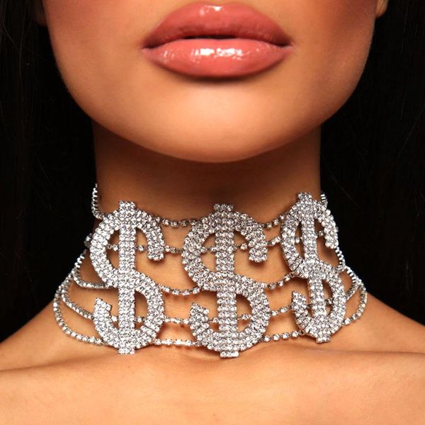 

chains big money dollar rhinestone necklace statement choker for women bling crystal collar chain party jewelry wholesale, Silver