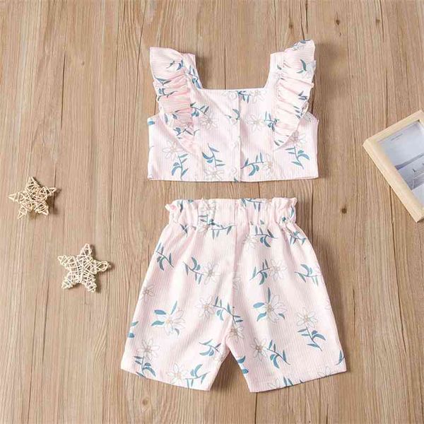 

summer children sets casual sleeveless ruffles print floral striped shorts 2pcs girls clothes 1-7t 210629, White