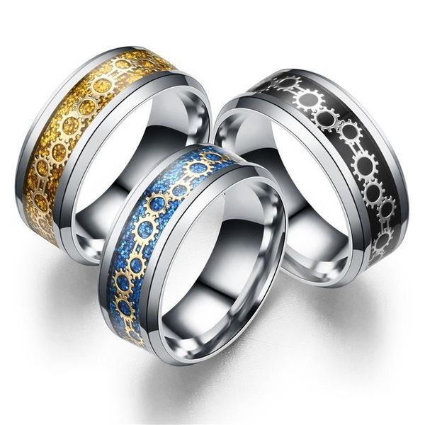 

stainless steel mechanical gear ring band finger gold blue rings men women fashion jewelry, Silver