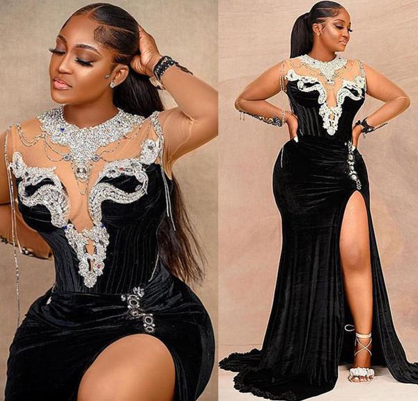 

robe de soiree sheer tulle long sleeves prom dresses with beaded high collar evening dress side split velvet bride formal vestidos, Black