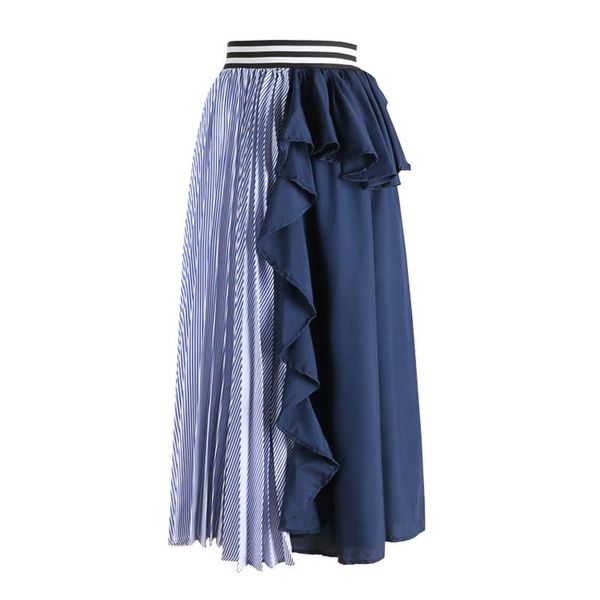 

skirts elegant striped long contrast color flounced ruffles cotton blend patchwork a-line maxi, Black