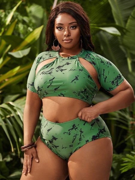 

plus marble print high waisted bikini swimsuit q6n6#, Black