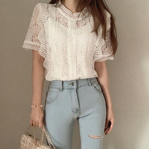 

women's blouses & shirts chic 2021 women fashion petal sleeve stand collar lace patchwork hollow out slim blouse solid casual stylish, White