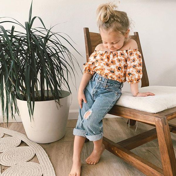 

clothing sets infant born baby girls boys summer clothes off-shoulder short sleeve flower jeans pants 2pcs outfits 1-6t, White