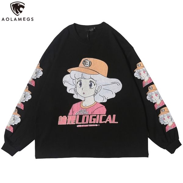 

aolamegs sweatshirt cartoon comics print pullover cozy 3 color optional all-match hip hop college style streetwear couple autumn 210813, Black