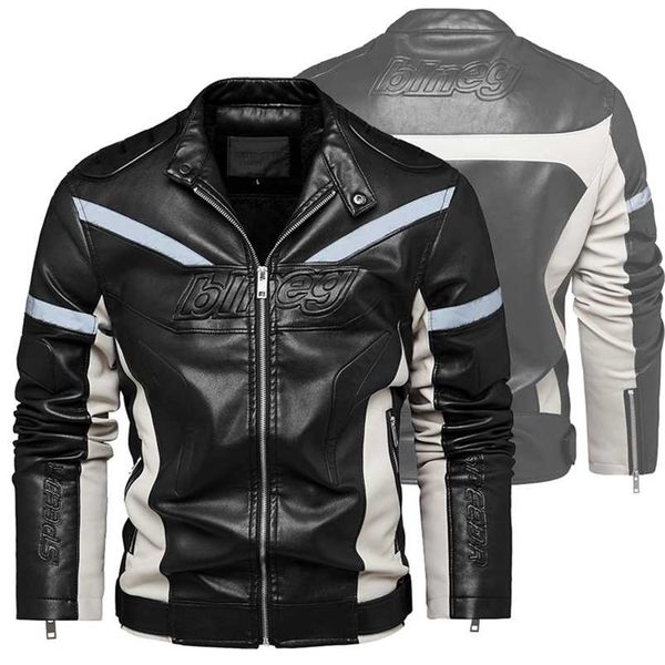 

men's fashion leather jacket night reflective strip motorcycle biker jacket warm patchwork winter coat with zipper pocket 211118, Black