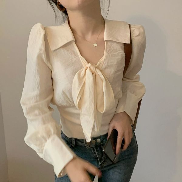 

2021 new retro court style age reduction in spring and autumn super fairy tie bow lapel long sleeve back waist slim shirt woman snhv, White