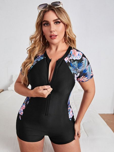 

plus tropical & floral print zipper front one piece swimsuit e9te#, Black