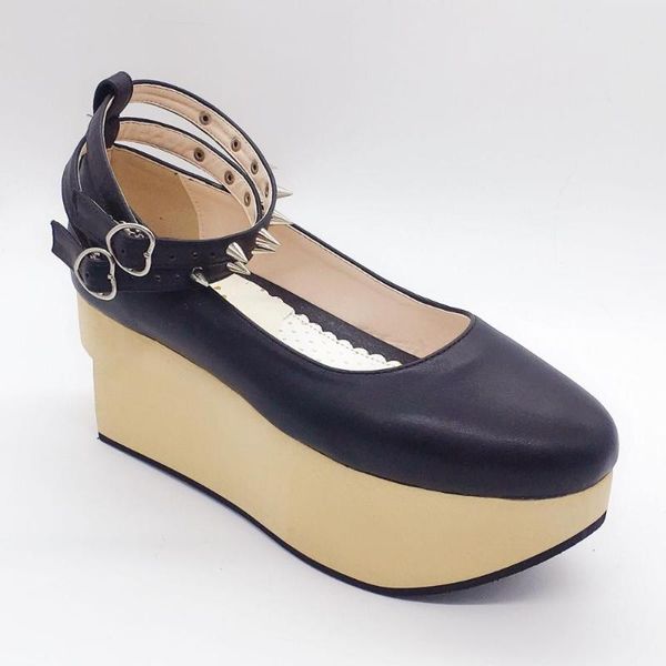 

dress shoes japanese harajuku thick heel high platform wedge rivet lolita cos punk women's leather, Black