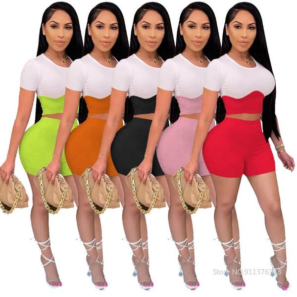 

women's tracksuits ajoc color patchwork two piece set woman o neck short sleeve t-shirt and biker shorts 2021 summer casual sporty wear, Gray