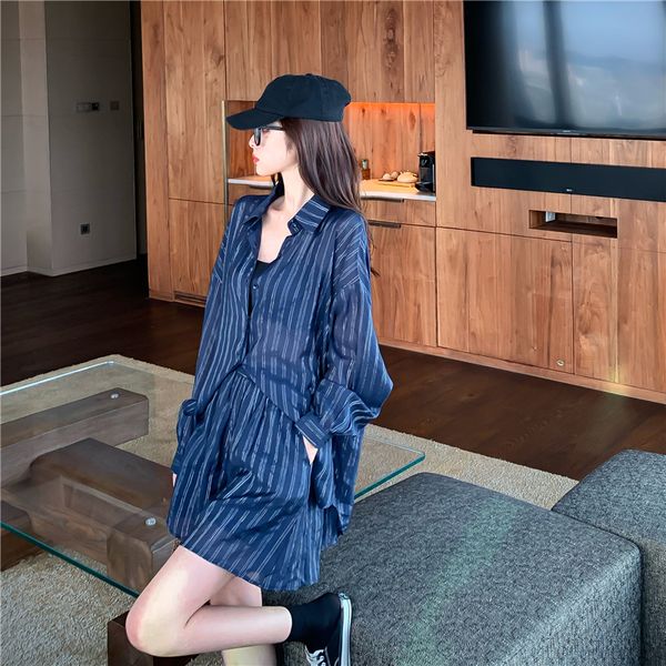 

women's fashion 2021 new waistcoat striped halter solar protector shirt + loose legged shorts three-piece suit vzu1, Gray