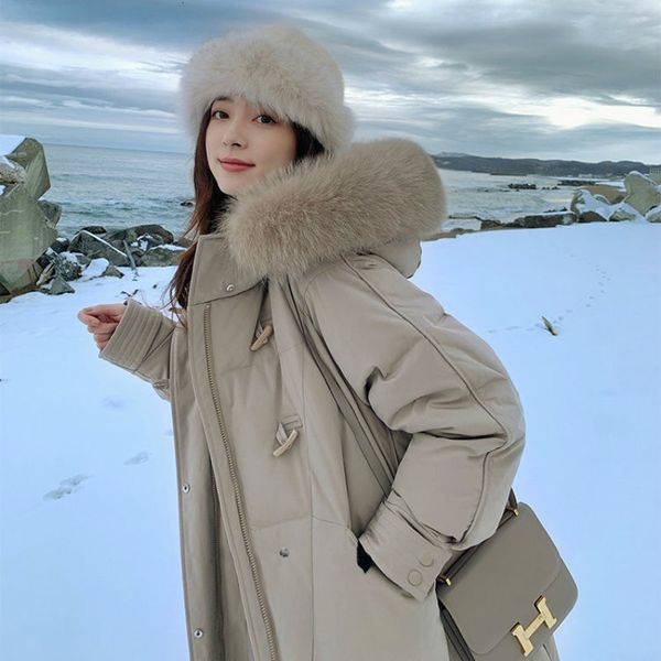 

White Duck From the Women Long, Thick Winter with Real Hood Female Fox Fur Collar Warm Parka Down Loose Clothing Y5 X9cc, Black