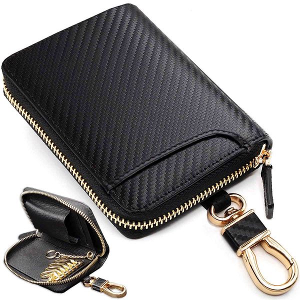 

key packet japanese leather zipper multi function car household key bag style carbon fiber grain cow waist hanging, Red;blue