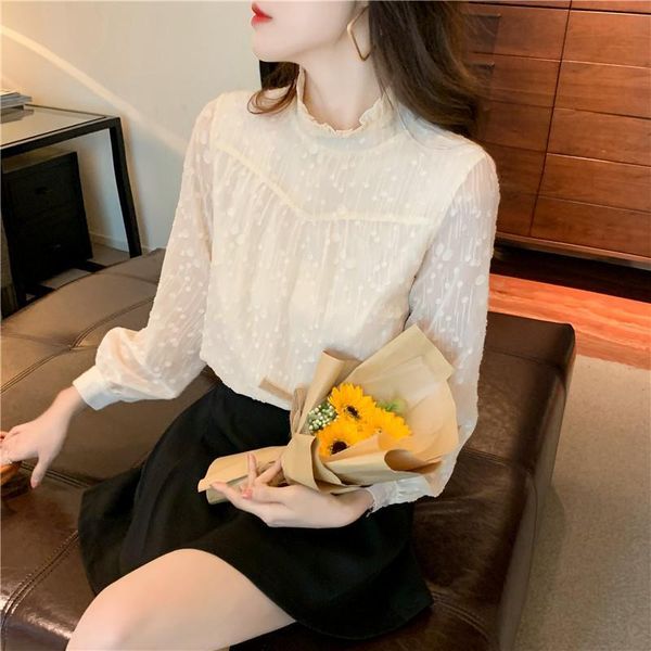 

women's blouses & shirts real po of 2021 spring chiffon shirt half high collar bottom coat long sleeve foreign style small, White