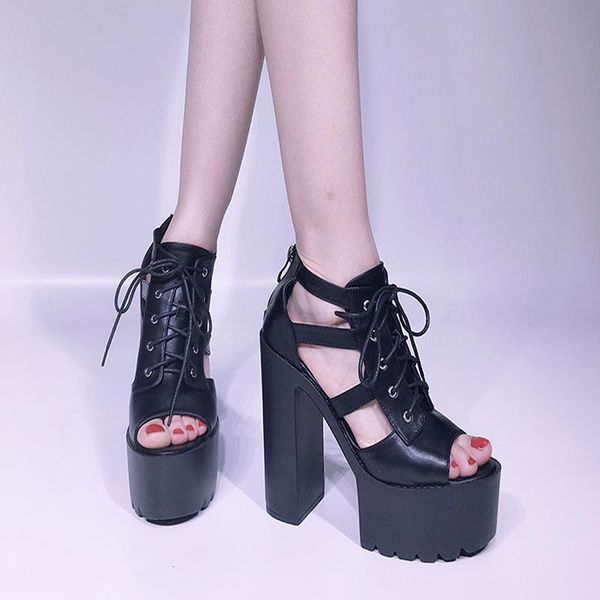 

dress shoes women summer sandals sandalen dames peep toe lace up block heels platform sandal ljb37-1, Black