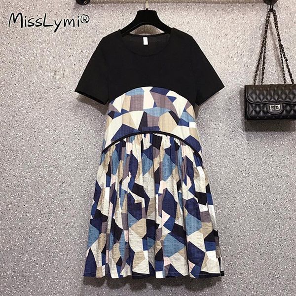 

plus size dresses 5xl women casual dress summer 2021 black short sleeve chiffon patchwork geometric print loose cotton and line