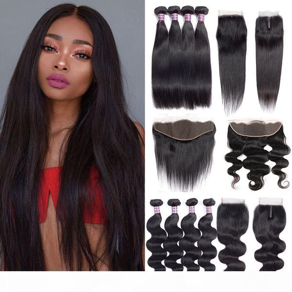 

brazilian straight human hair bundles with closure unprocessed indian malaysian body wave human hair extensions 4 bundles with frontal, Black;brown