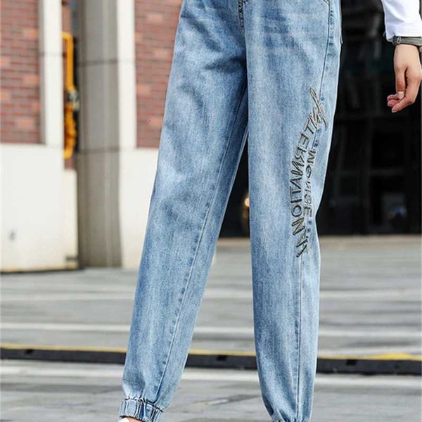 

plus size women waist jeans fat mm born broek herfst and winter elastic feet nine points harm book #3110, Blue
