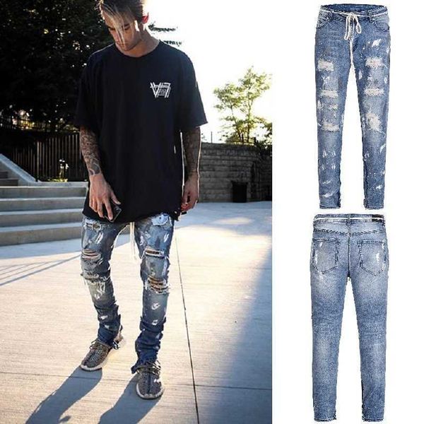 

men's high street splash paint effect destroys the hem button zipper wash slim stretch jeans, Blue