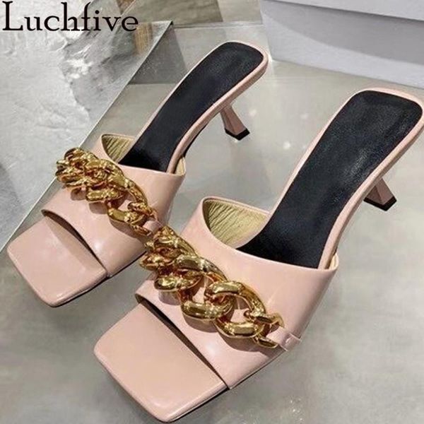 

slippers big chain mules women shoes square toe kitten heel slides ladies slip on party sandals high for 2021, Black