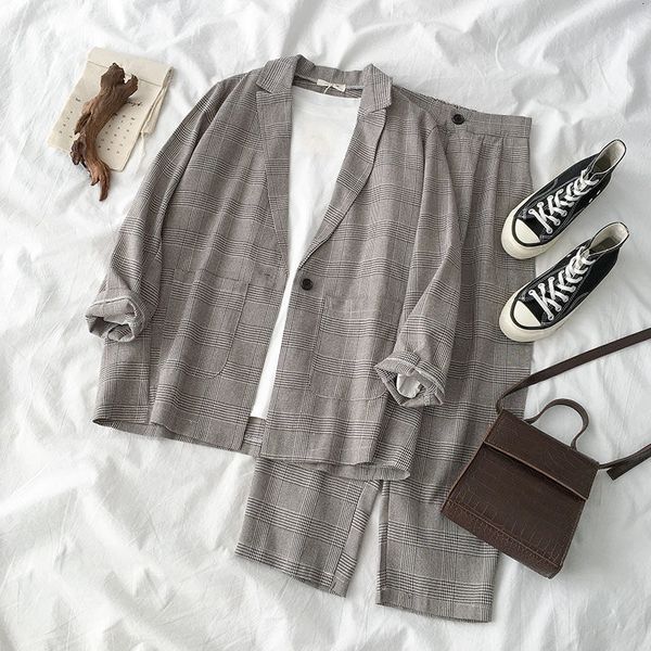 

girls chess suit] early autumn 2021 new jacket + plaid pants two women's pieces 3p50, Gray