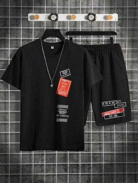 

men slogan graphic tee with drawstring shorts z1zb#, Gray
