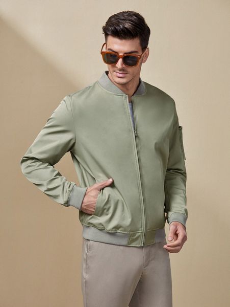 

men zip up pocket patched sleeve bomber jacket a0ol#, Black;brown