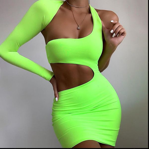 

2021 hollow out one shoulder mini dress women long sleeve short dress cut out short part dress shiny neon green orange, Black;gray