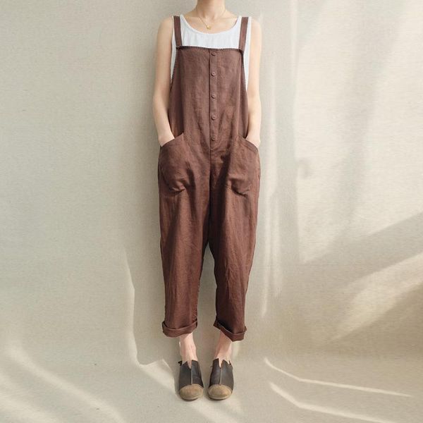 

women's jumpsuits & rompers cotton linen women spring summer vintage black blue brown sleeveless overall strapless 5xl plus size playsu, Black;white