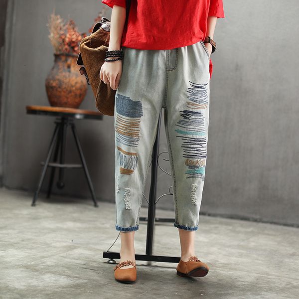 

2021 new women summer fashion vintage striped embroidery elastic waist pant ankle length denim office lady casual trousers 6cl6, Blue