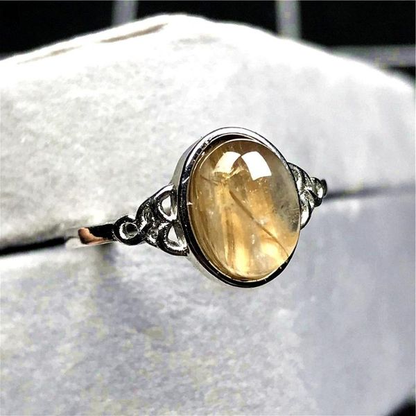 

cluster rings natural gold rutilated quartz ring jewelry for woman man crystal 11x9mm oval beads silver gemstone adjustable, Golden;silver