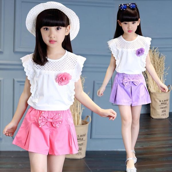 

childrens wear and girls summer set short sleeves big fashion sports two piece suit, White