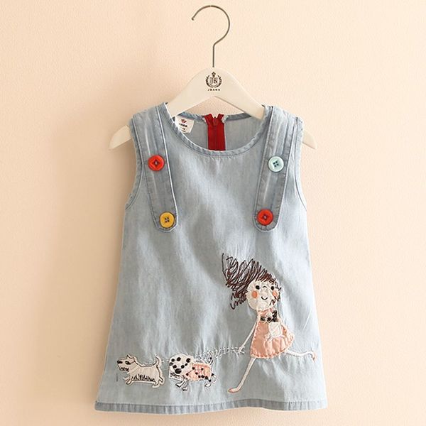 

2021 summer new fashion little girl embroidery cartoon dog tank vest dresses with buttons o-neck baby girls kids denim dress 210225, Red;yellow