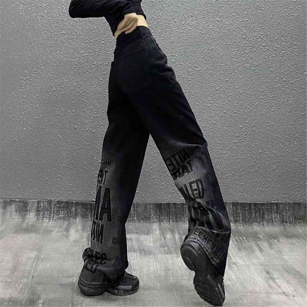 

women's jeans black straight female jeans loose boyfriend punk card print vintage funny gothic cool girl pants rte2, Blue