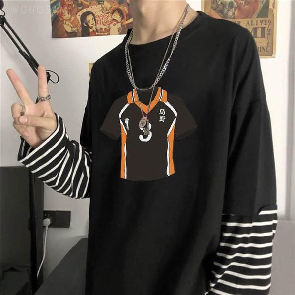 

men's t-shirts anime haikyuu t shirt men karasuno high school wing spiker no.3 asahi azumane volleyball uniform cartoon harajuku long t, White;black