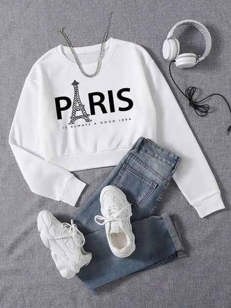 

eiffel tower & slogan graphic thermal sweatshirt 60gb#, White;black