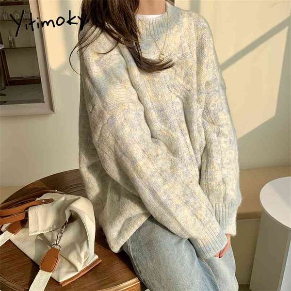

yitimoky fall sweaters for women pink beige o-neck pullovers vintage thick knitted long sleeve clothes korean style loose 210918, White;black