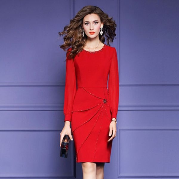 

fashion office lady beads 2021-autumn o-neck dressed feminine thin slivers of luxury long celebrity sleeve skirt 1q24, Black;gray