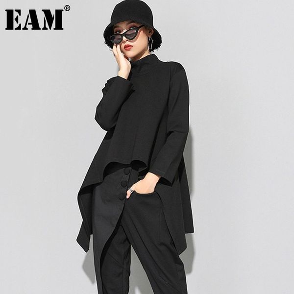 

[eam] 2021new spring autumn high collar long sleeve black irregular hem loose t-shirt women fashion tide all-match jk397 210315, White
