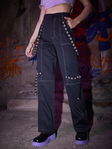 

romwe contrast stitching tape pants e2na#, Black;white