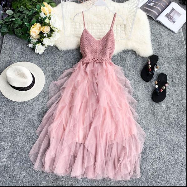 

spaghetti strap dress summer women clothes knitted v collar back stitched irregular layer by layer yarn mid calf cake dresses, Black;gray