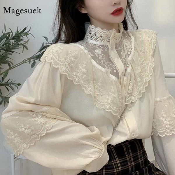 Mode Koreanische Spitze Up Rüschen Blusen Frauen Herbst Süße Lose Kleidung Stehen Collat Damen Tops Vintage Spitze Shirts Frauen 11335 210225