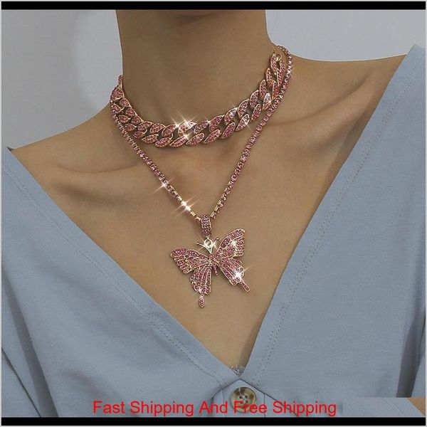

luxury women necklaces iced out cuban link chains butterfly pendant crystal rhinestone animal hip hop jewelry gold pink white k gun zi seyrj, Silver