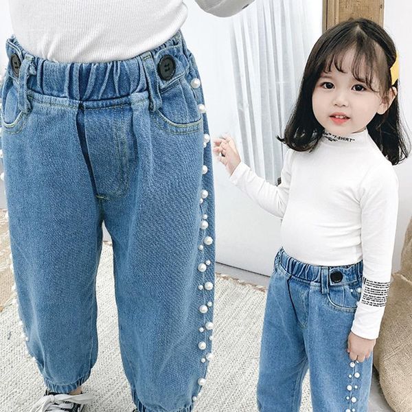 

jeans 1-6 years old kids princess pearls 2021 fashion spring autumn children's denim pants girls baby casual loose trousers, Blue